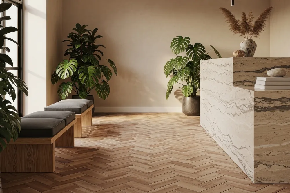 Herringbone wood-look flooring and a veined stone reception desk in an office lobby.