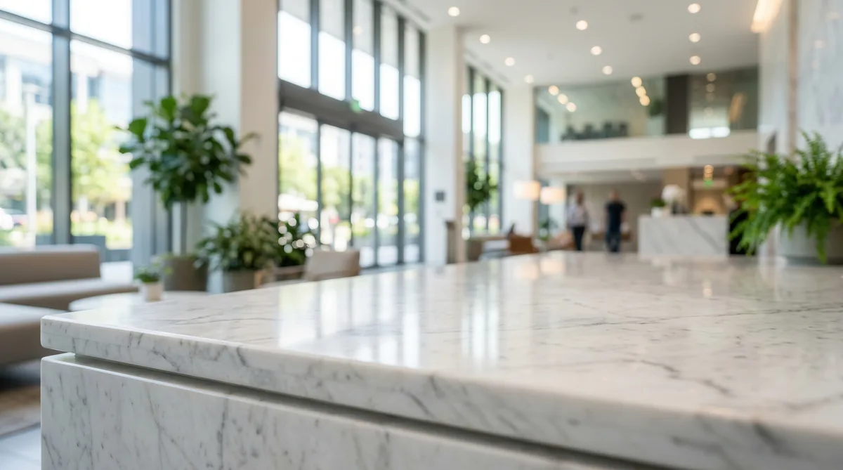 White marble transaction counter in an office lobby with floor-to-ceiling windows.