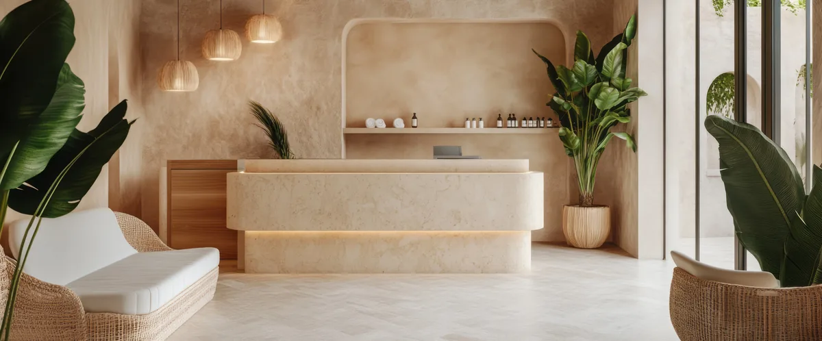 Cream stone reception desk with a full slab front in a spa lobby.