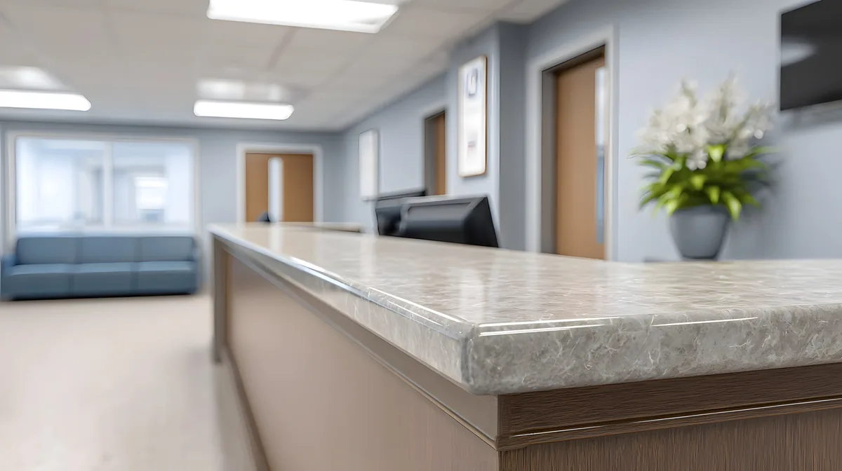 Light speckled quartz reception counter in a medical office waiting area.