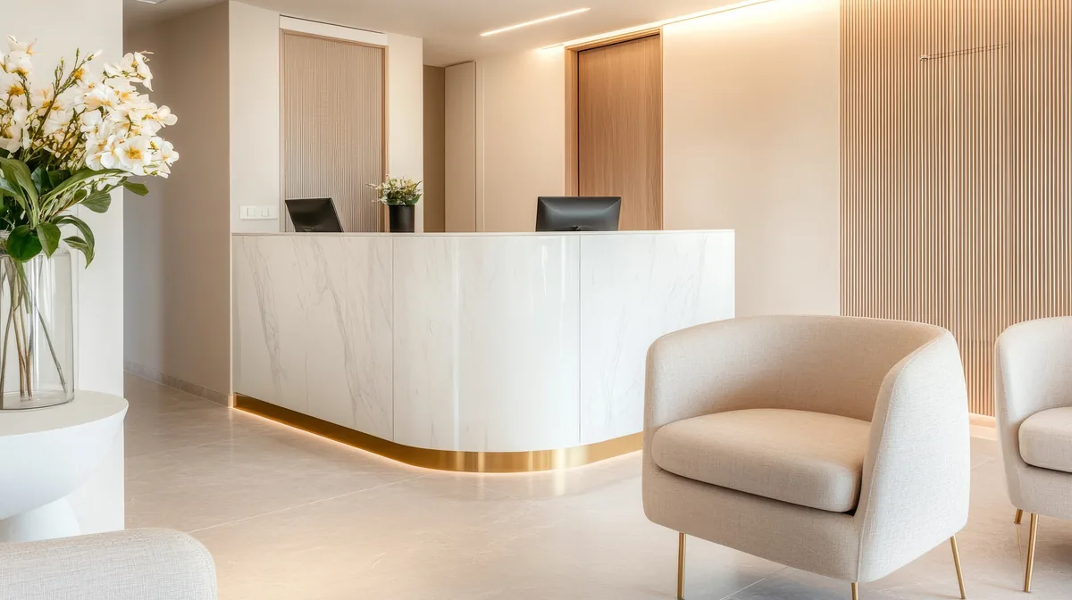 Curved white quartz reception desk with a brass toe kick in a waiting room.