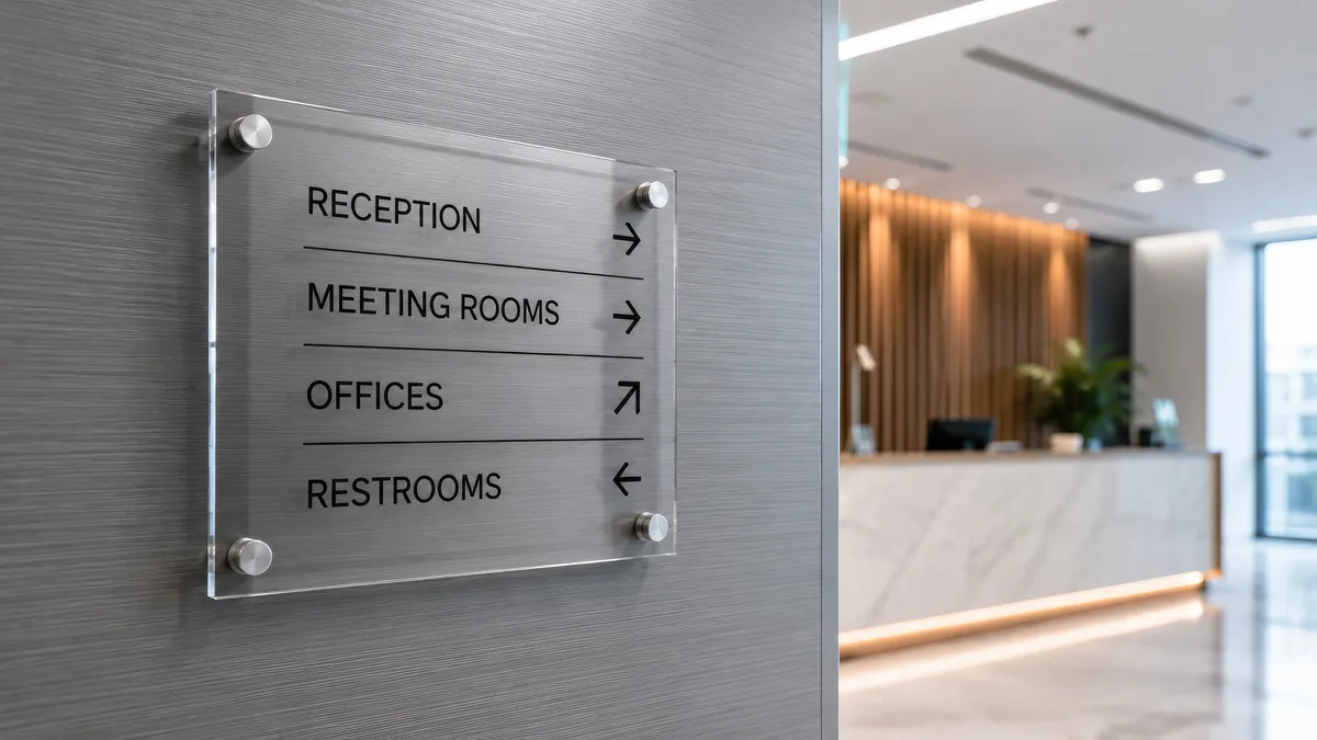 Office wayfinding sign for reception, meeting rooms, offices, and restrooms with a stone reception counter beyond.