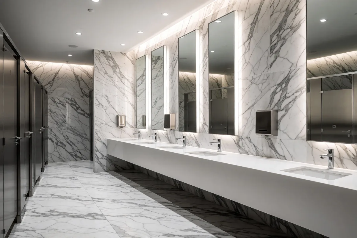 White stone vanity with undermount sinks running the length of a marble-clad commercial restroom.