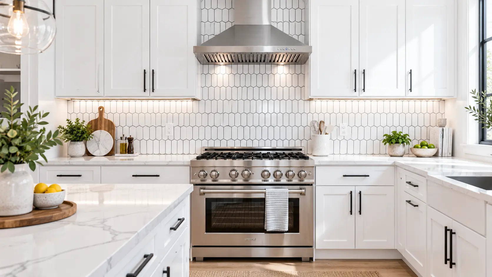 White elongated hexagon tile backsplash with gray grout running up to the range hood above white marble-look countertops.