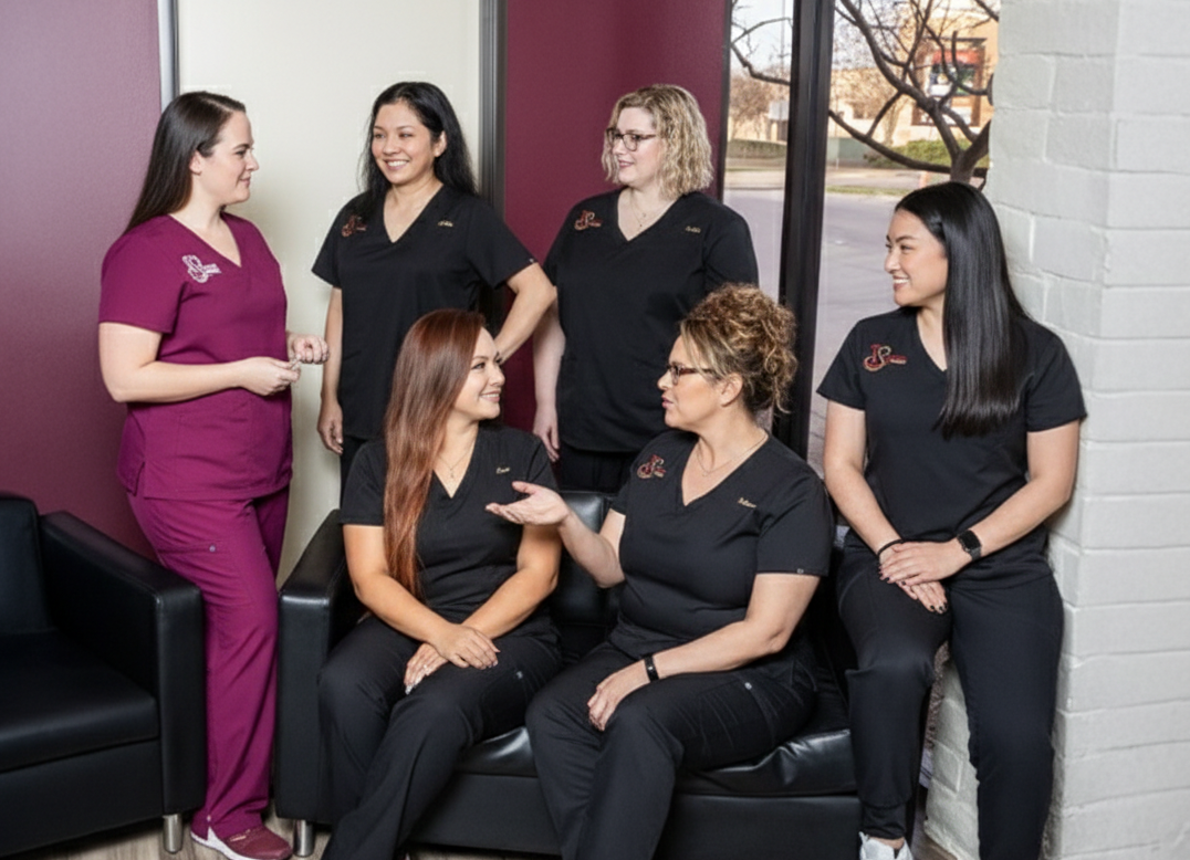 A realistic, candid-style photo of a medical team consisting of six women in a bright office waiting area. One woman stands on the far left wearing a maroon scrub set, while the other five women wear black scrubs. Two women are seated on a black leather sofa in the center, actively engaged in conversation with the women standing behind and beside them. The group members are looking at each other, smiling, and gesturing naturally rather than posing for the camera. The background features a burgundy accent wall, a large window with a view of trees and a street, and a white brick column.