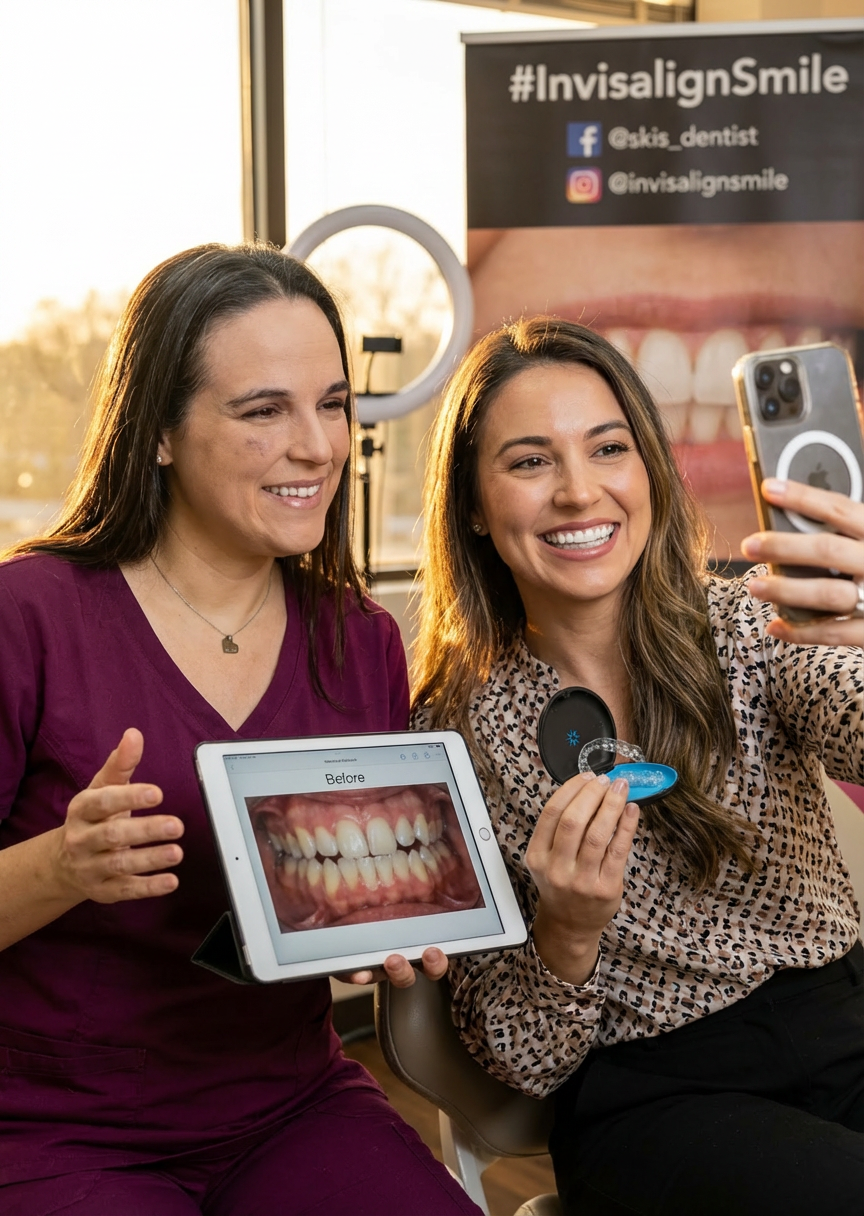 A smiling dentist and patient take a selfie after an Invisalign consultation in a modern dental office. The patient holds Invisalign aligners while the dentist displays a tablet showing before treatment photos, with an Invisalign promotional banner and ring light visible in the background.