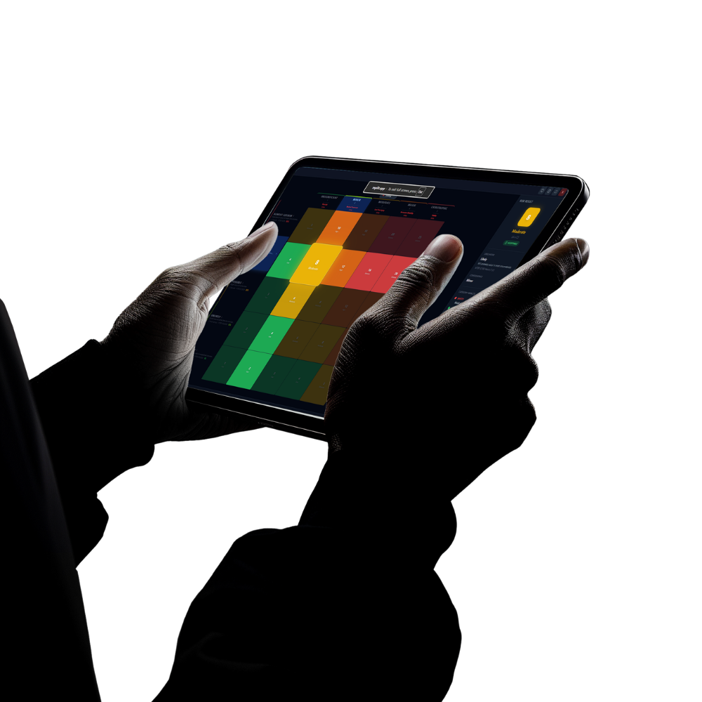 Hands holding a rugged tablet featuring Damocles Axiom