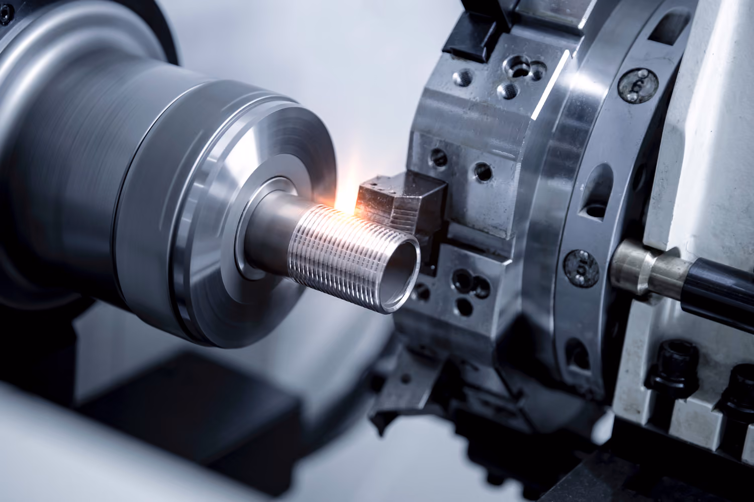 Precision metal machining process on industrial manufacturing equipment.