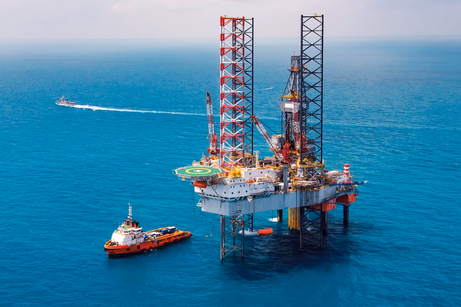 Offshore oil and gas platform operating in coastal waters.