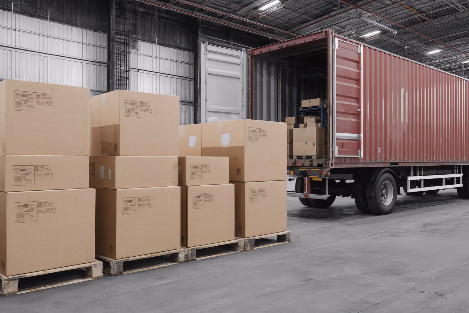 Warehouse loading operation with palletised goods ready for distribution.