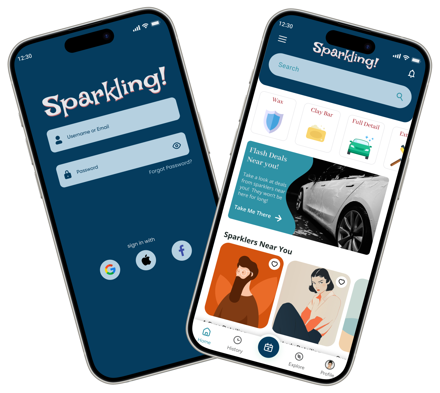 Two angled smartphone screens showing a car care app named Sparkling! with login fields and a home screen featuring search, flash deals, and profiles of nearby users.