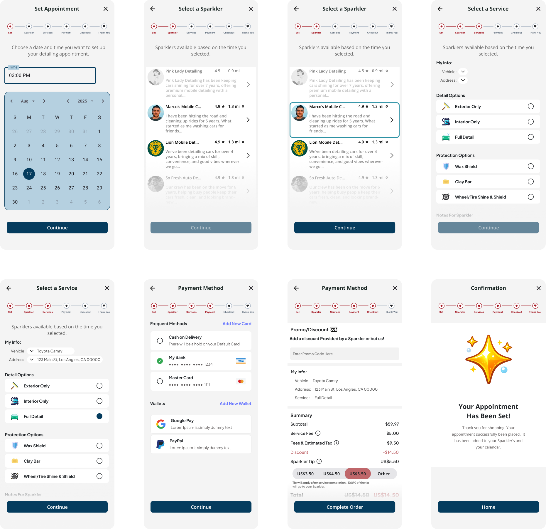 A sequence of eight mobile app screens showing steps to set a car detailing appointment, select date and time, choose a detailer, pick services and protection options, enter payment details, apply promo code, and confirm the appointment.