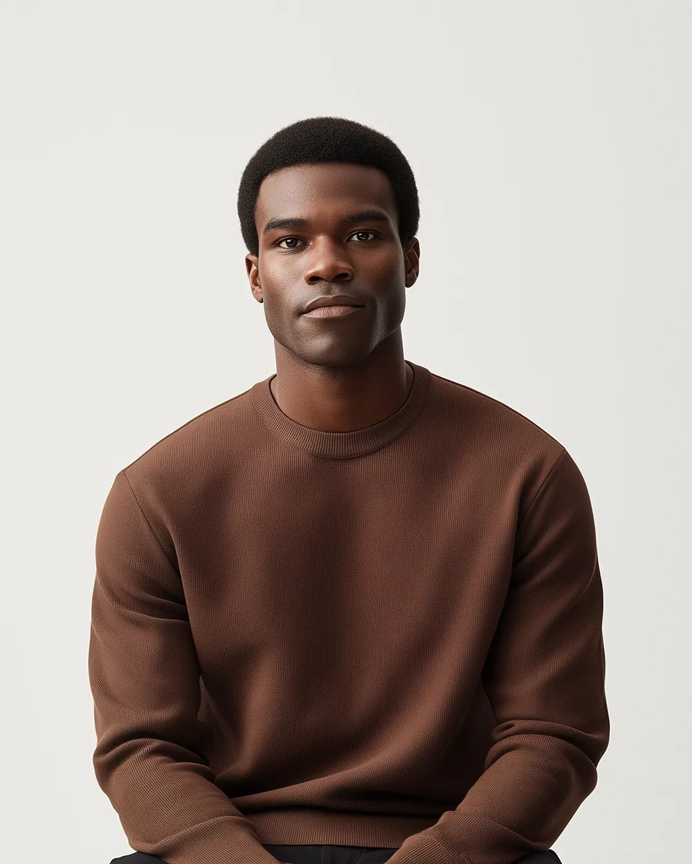 A man in a brown sweater is sitting down.