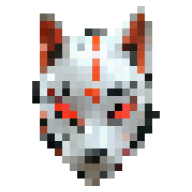 Pixel art of a white fox mask with red markings and dark eyes.