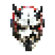 Pixelated image resembling a stylized samurai mask with white, black, and red colors.