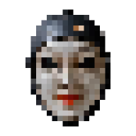 Pixelated image of a face with light skin, dark hair, and red lips on a black background.