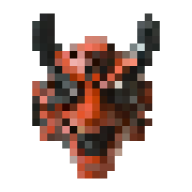 Pixel art of a red demon mask with black horns and sharp teeth.