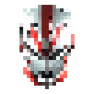 Pixelated image of a menacing white helmet with red markings and dark eye slits.