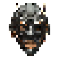 Pixelated digital artwork resembling a stylized skull with dark, gray, and brown tones.