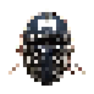 Pixelated image of a character wearing dark armor with a white emblem on the chest.