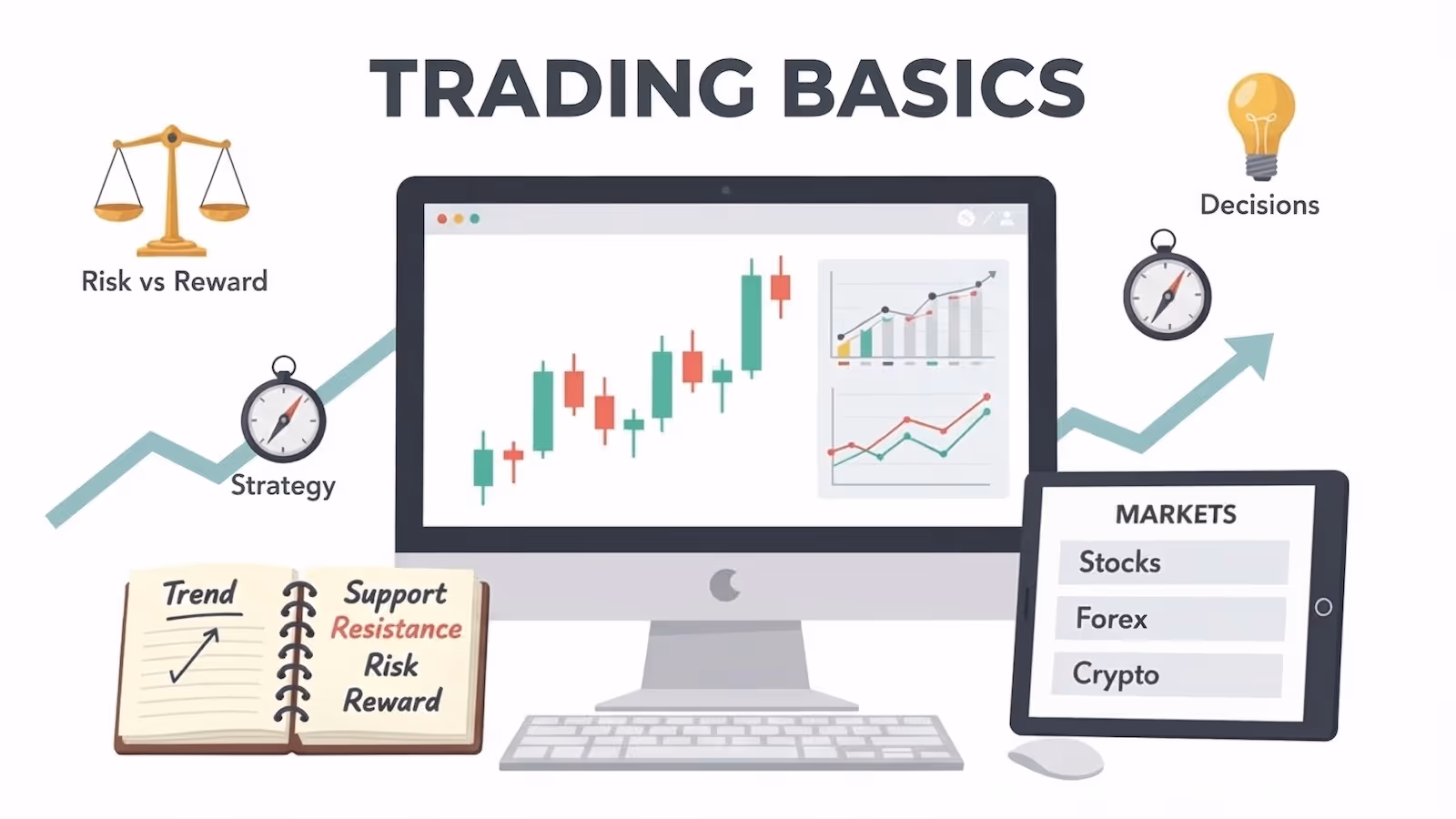 Trading basics illustration showing candlestick chart, risk vs reward, strategy, support and resistance, and markets including stocks, forex, and crypto