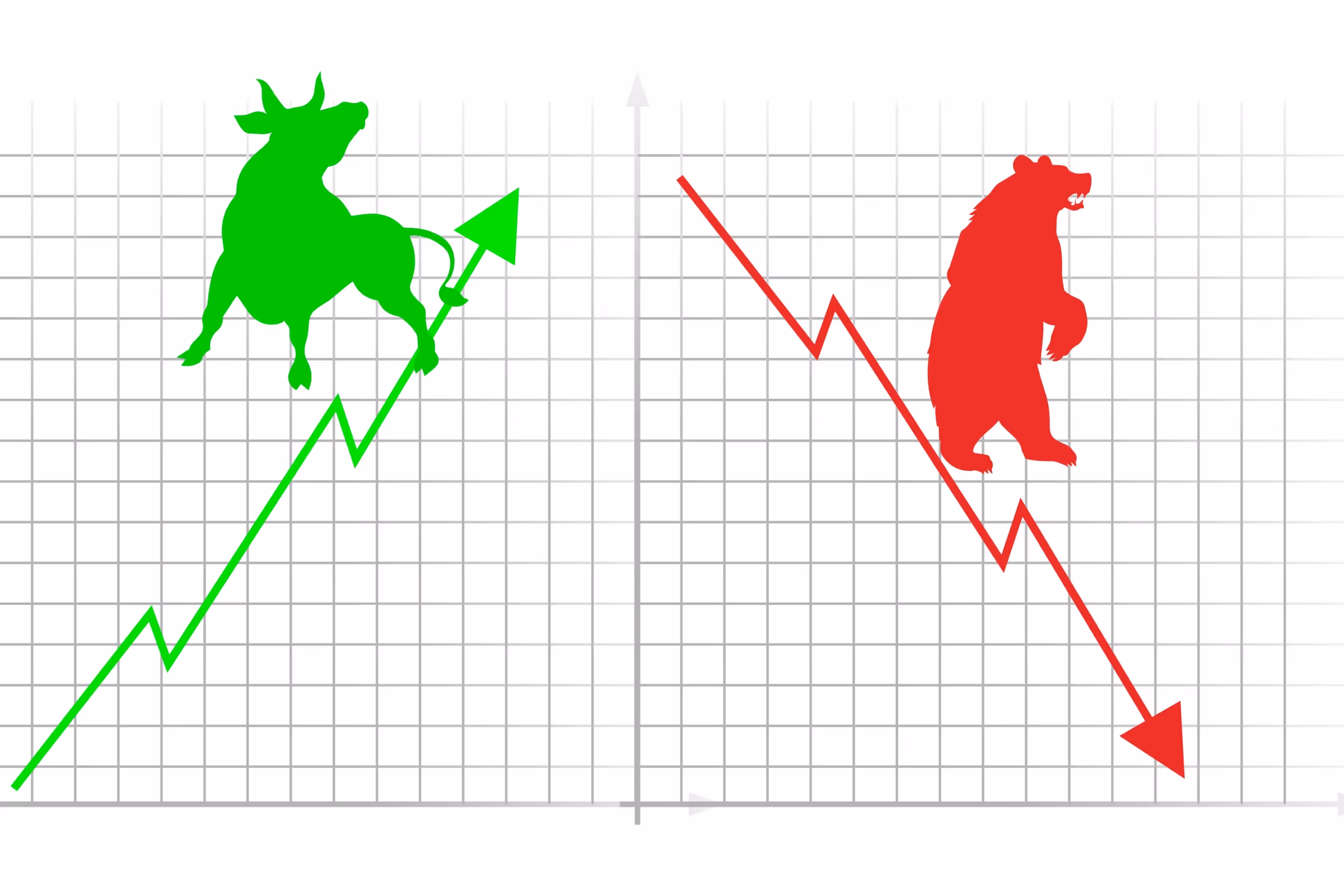 Bull vs bear market illustration showing bullish uptrend with bull and bearish downtrend with bear on stock chart