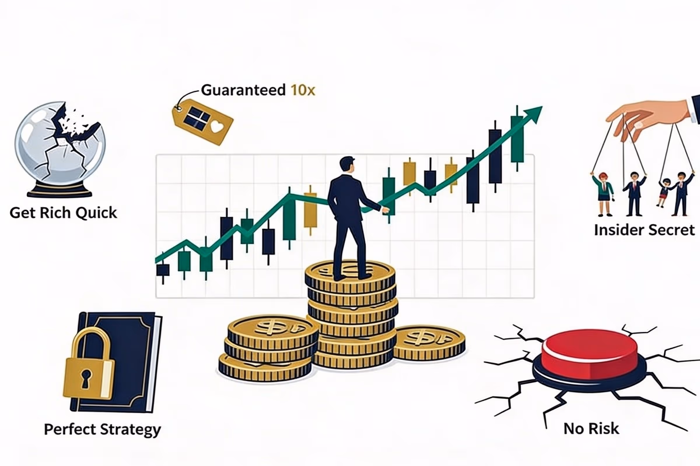 Illustration of common trading myths and misconceptions in market trading and investing