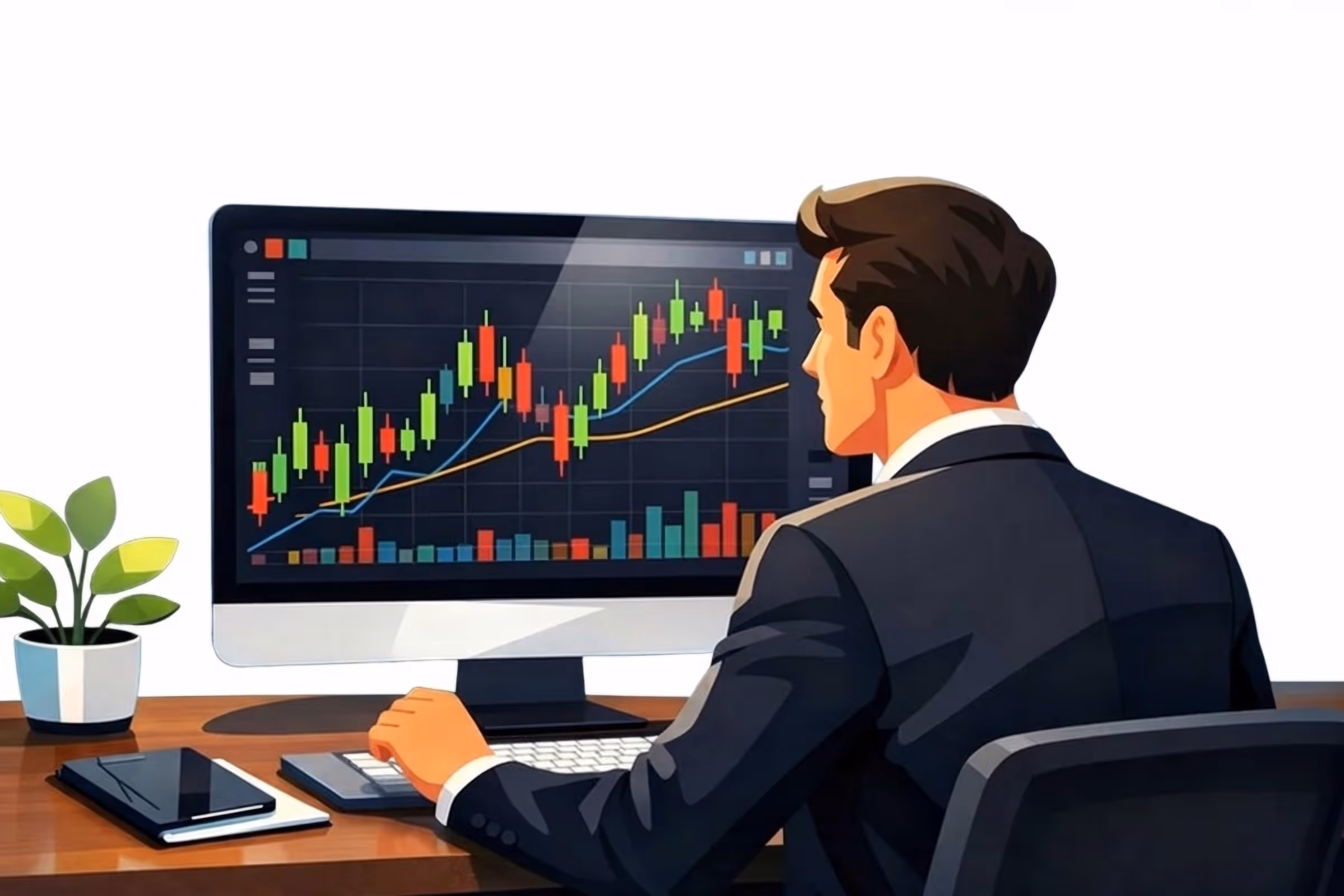 Trader analyzing candlestick charts using technical analysis to study market trends