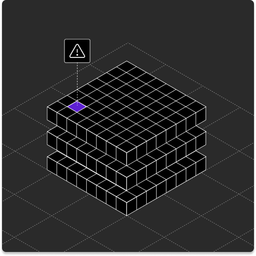 Isometric diagram of a stacked grid structure with a single purple cell highlighted and a warning icon connected by a dashed line, representing AI-based anomaly detection within a spatial data layer.