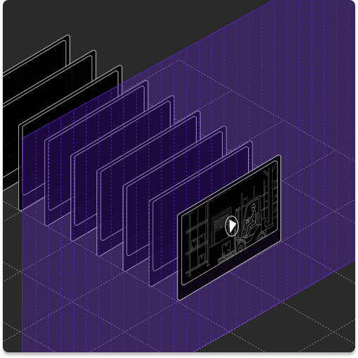 Isometric illustration of multiple stacked video frames transitioning from dark to purple, with the front frame displaying a warehouse forklift scene and a play button, representing AI video analysis and frame-by-frame processing.