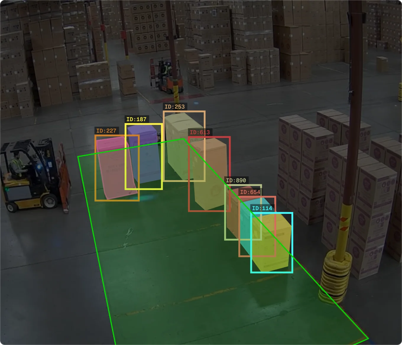 Aerial view of a yellow forklift carrying a pallet of boxes through a warehouse aisle, highlighted with a yellow safety outline to illustrate vehicle and equipment incident detection.