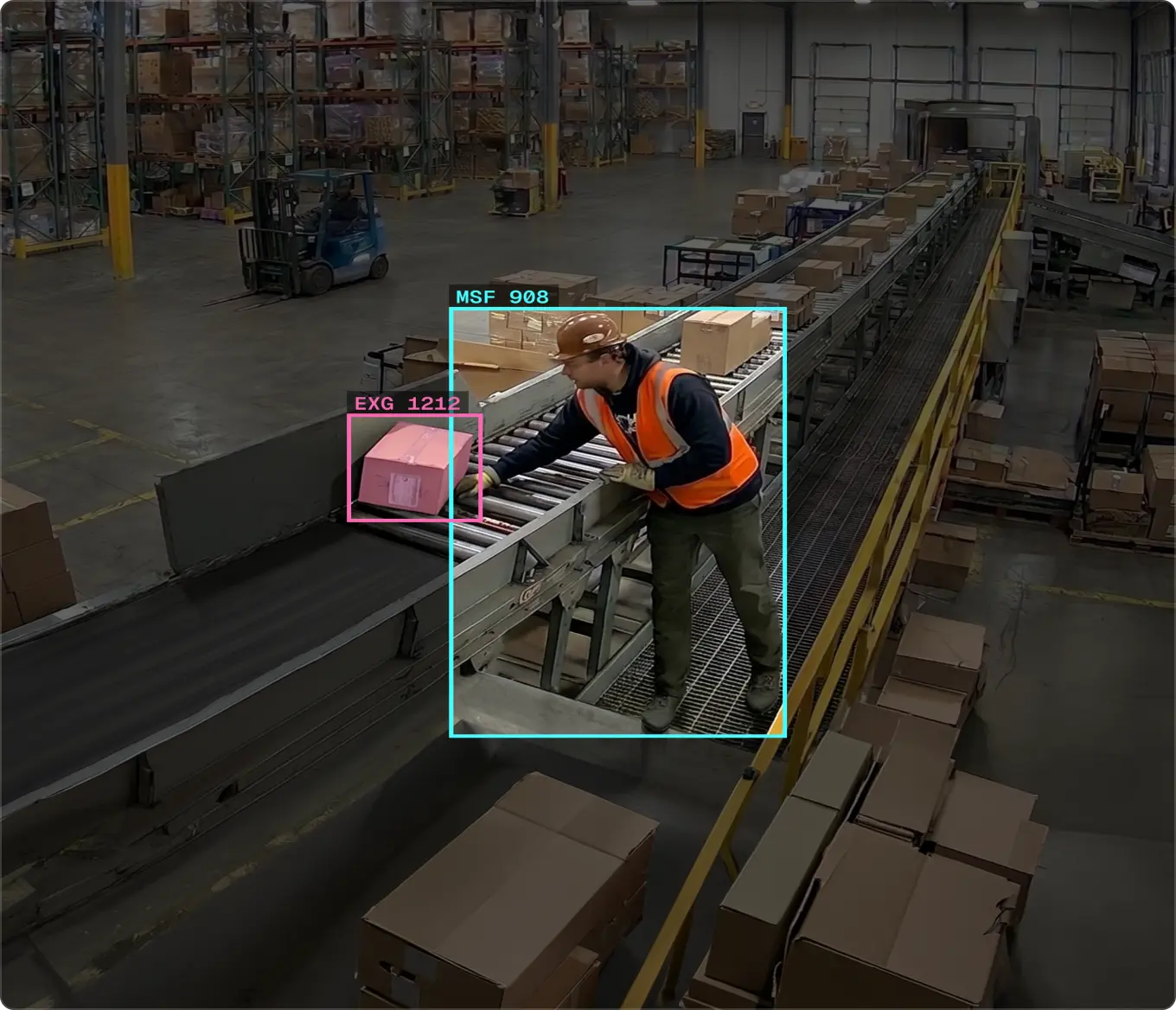 Aerial view of a yellow forklift carrying a pallet of boxes through a warehouse aisle, highlighted with a yellow safety outline to illustrate vehicle and equipment incident detection.