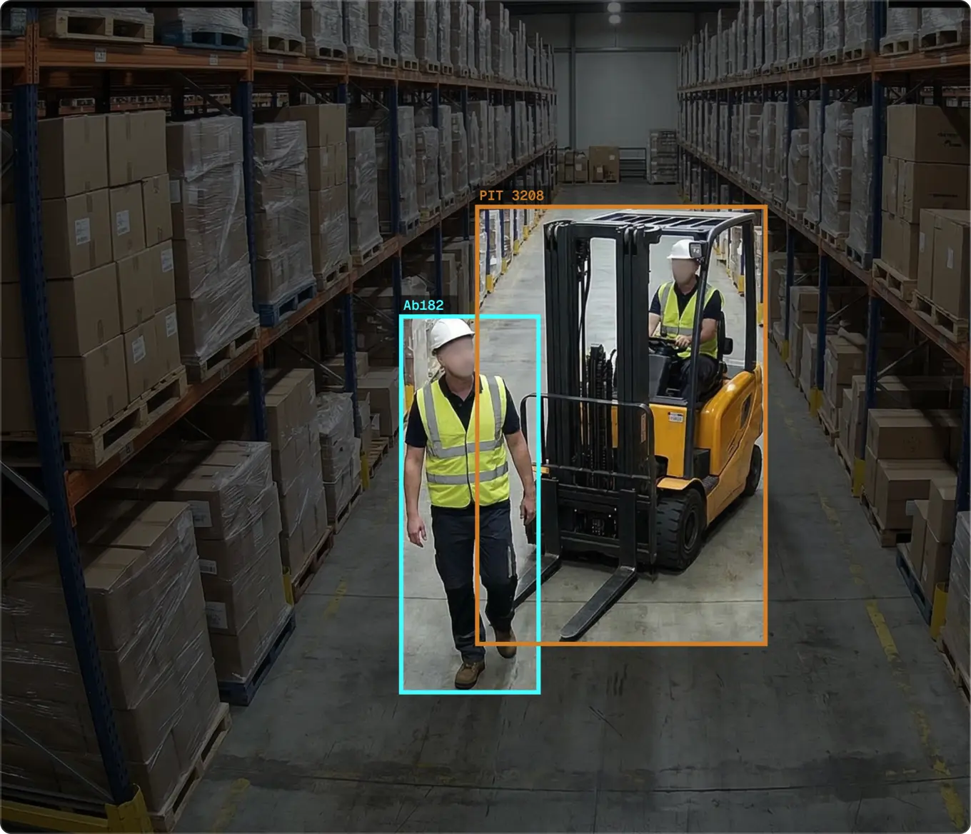 Aerial view of a yellow forklift carrying a pallet of boxes through a warehouse aisle, highlighted with a yellow safety outline to illustrate vehicle and equipment incident detection.