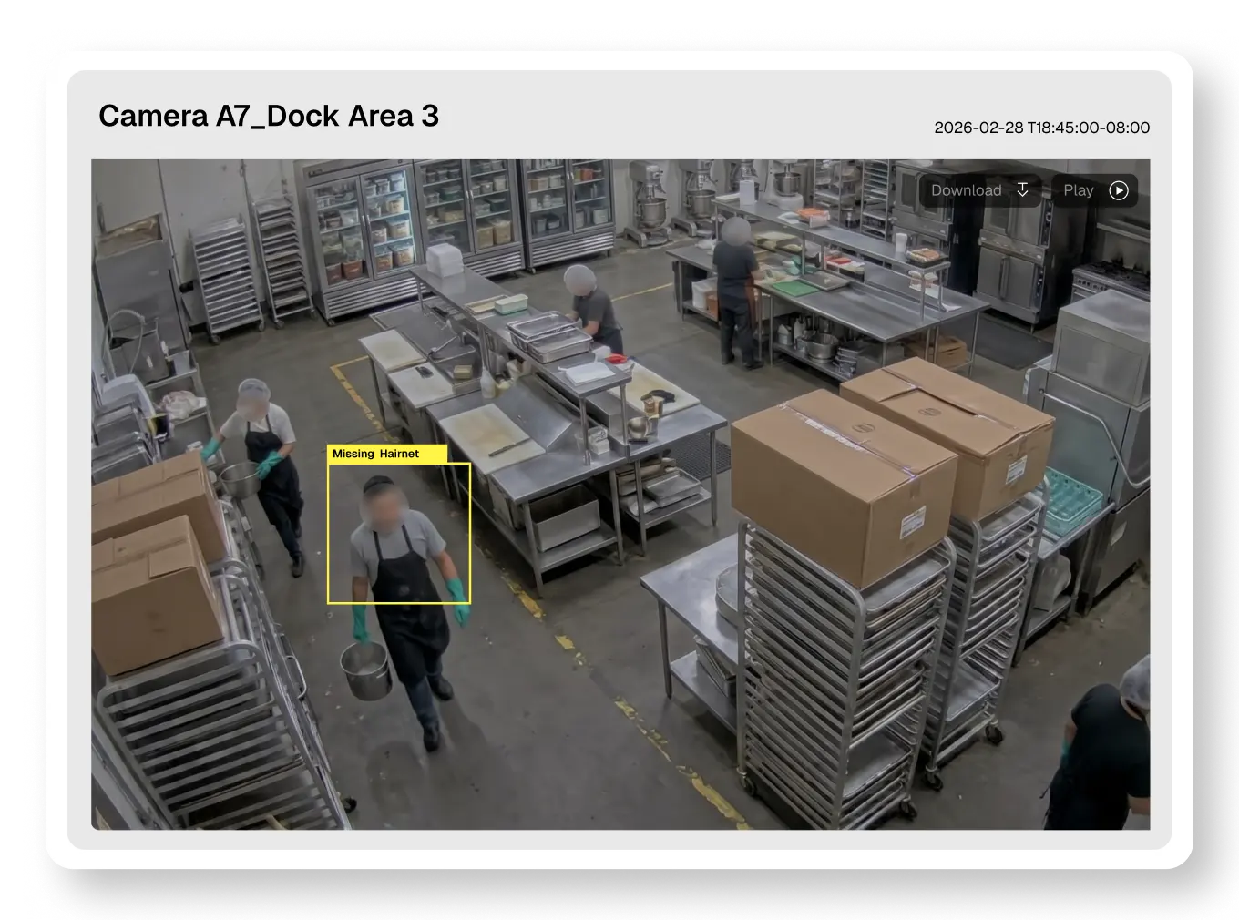 Aerial view of a yellow forklift carrying a pallet of boxes through a warehouse aisle, highlighted with a yellow safety outline to illustrate vehicle and equipment incident detection.