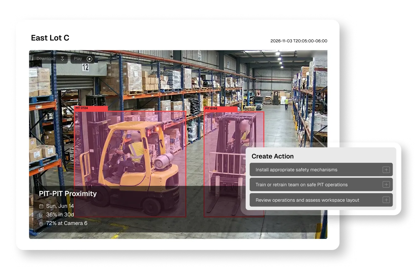 Aerial view of a yellow forklift carrying a pallet of boxes through a warehouse aisle, highlighted with a yellow safety outline to illustrate vehicle and equipment incident detection.