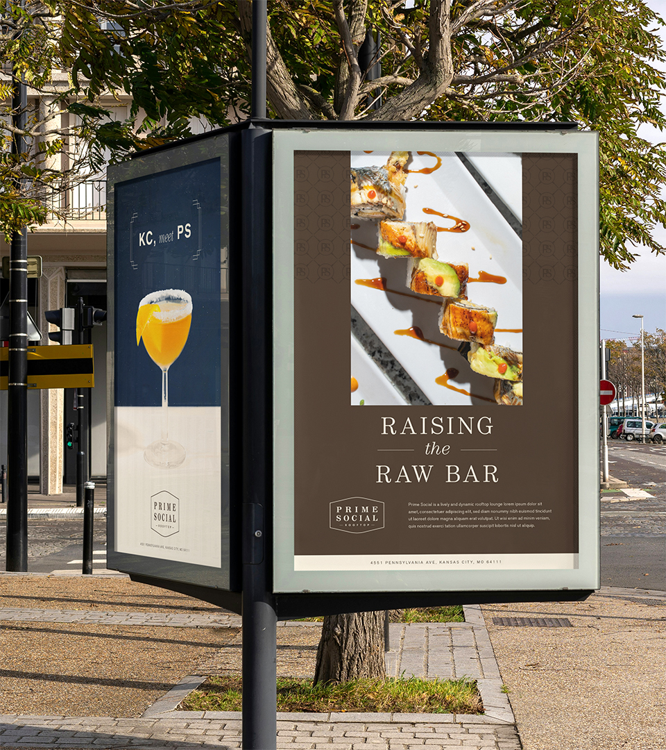 Outdoor advertisement board showing a promotional poster for Prime Social rooftop with a sushi dish and text 'Raising the Raw Bar'.