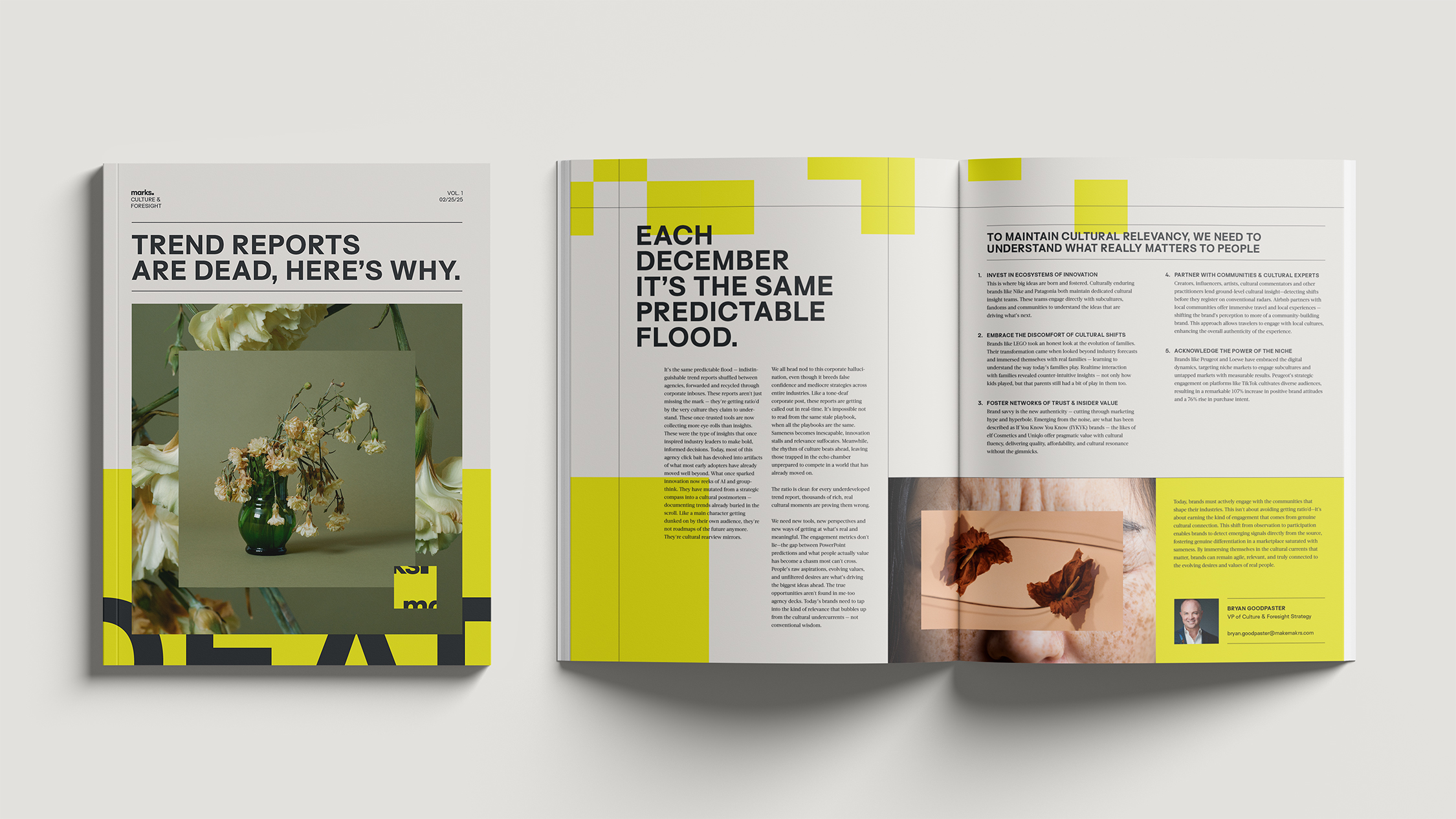 Magazine titled 'Trend Reports Are Dead, Here’s Why' with cover showing wilted flowers in a green vase and open pages discussing cultural relevancy and innovation.