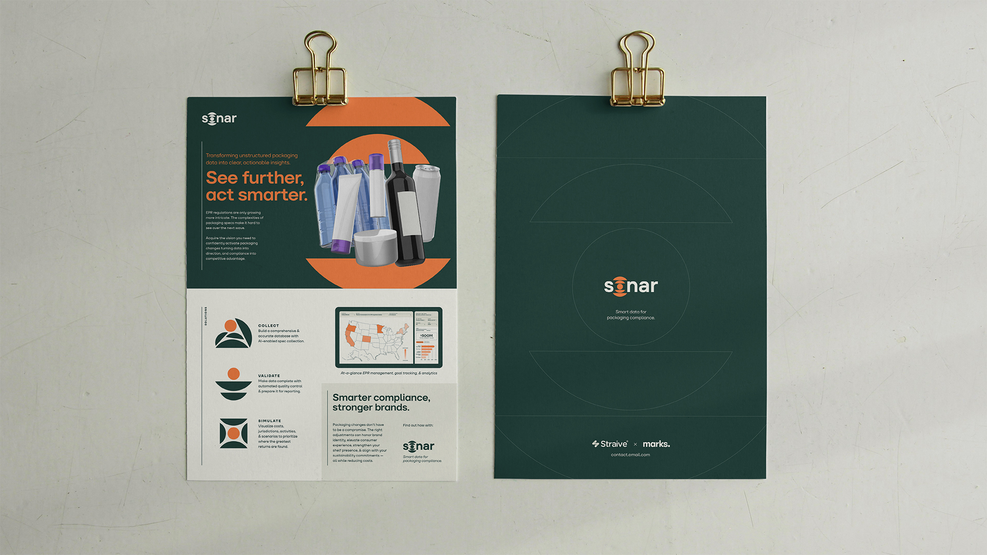 Two-sided flyer for Sonar showing packaging containers and highlighting smarter compliance and data solutions for packaging regulation.