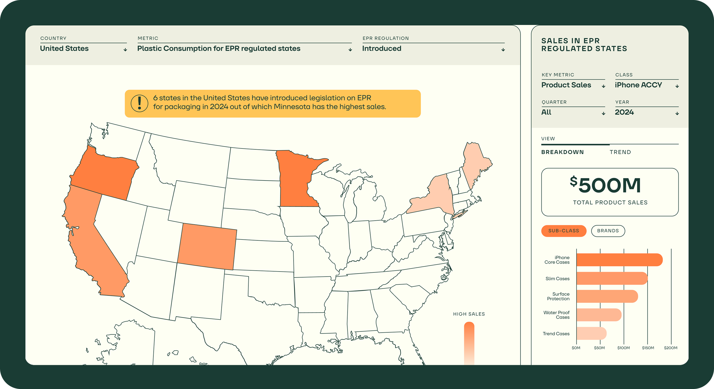 UI/UX design for a map showcasing the U.S. with EPR regulation according to states.