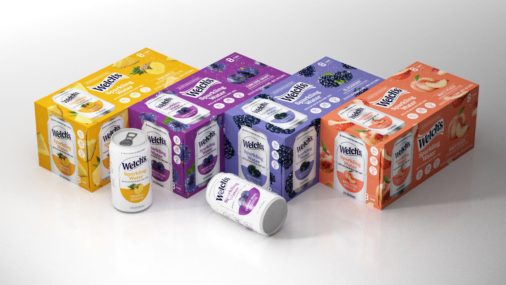 Four 8-packs of Welch's Sparkling Water cans in pineapple, concord grape, blackberry, and white peach flavors displayed with one can of pineapple and one can of concord grape outside the boxes.