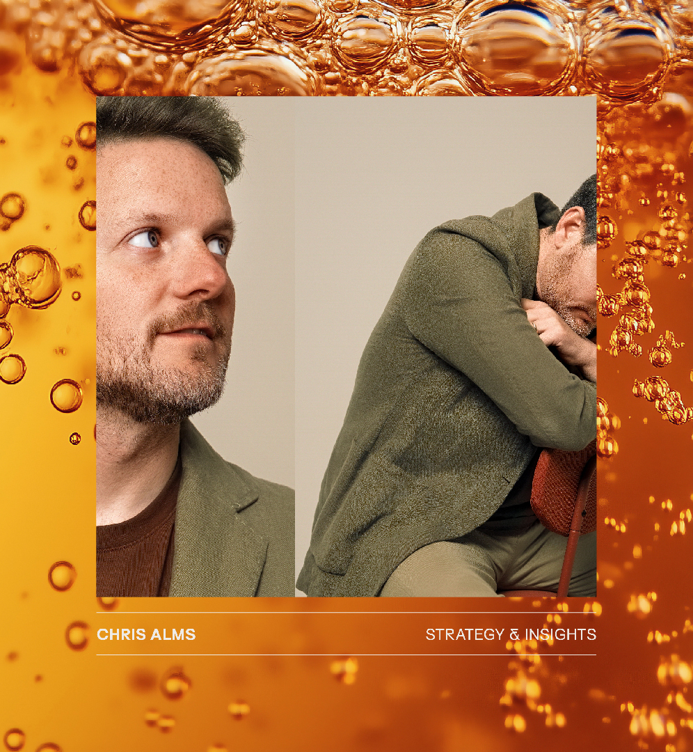 Two portraits of a man named Chris Alms, one showing a side profile looking upward, the other with his head resting on his arms while sitting, on an orange background with bubbles.