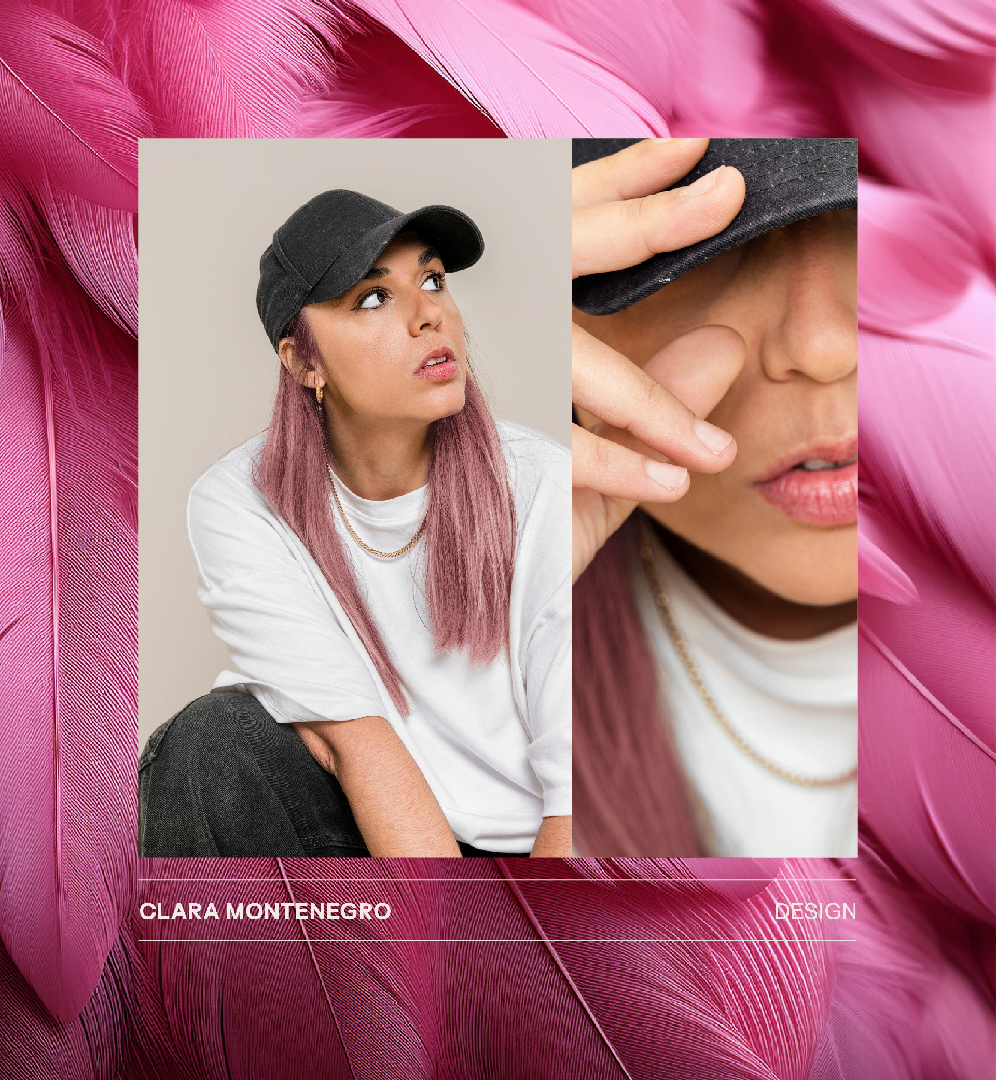 Two portraits of a woman with long pink hair wearing a black baseball cap, white shirt, and gold chain necklace against a pink feather background.