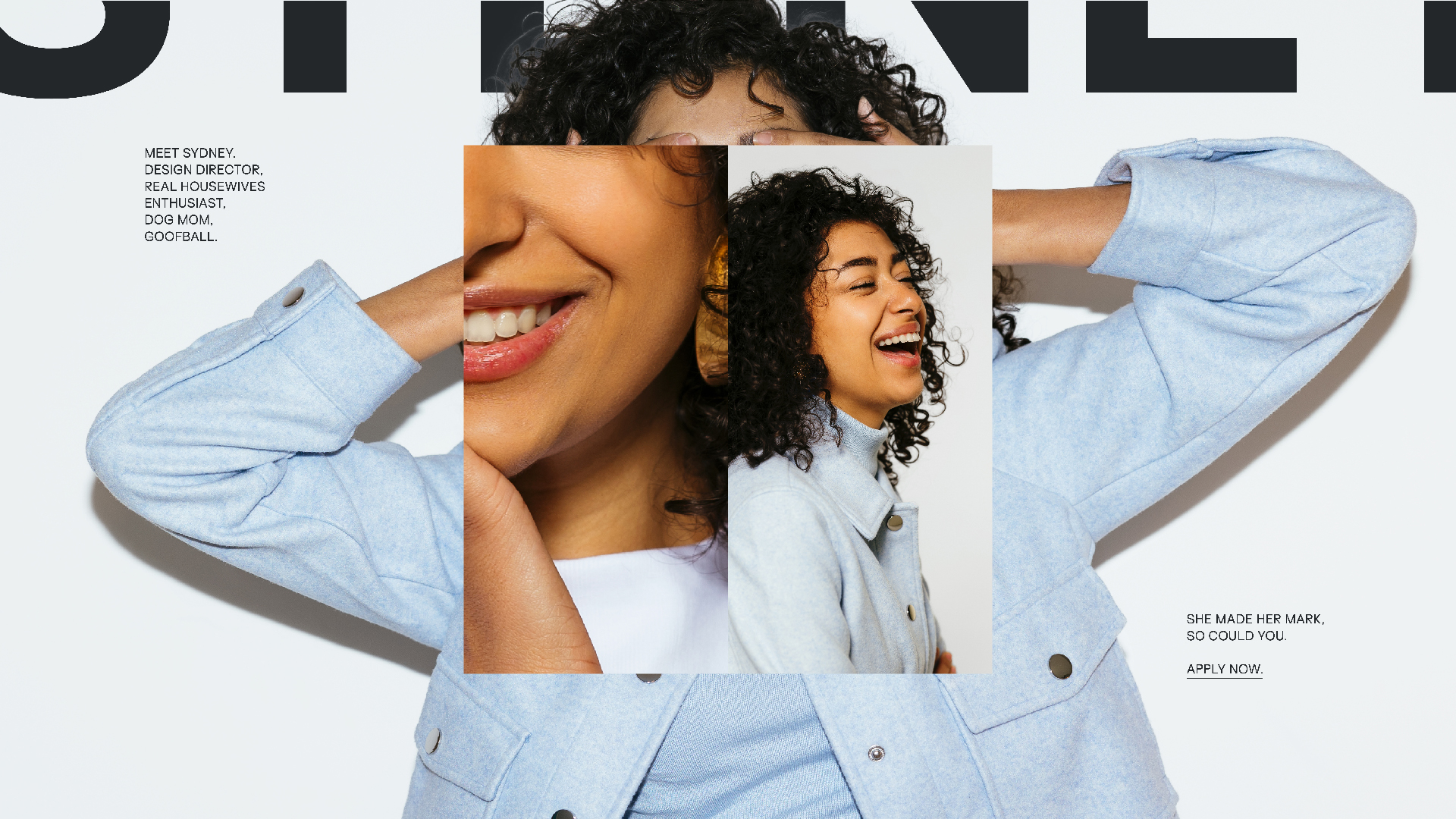 Portrait collage of a smiling woman with curly hair wearing a light blue jacket against a white background with text about Sydney, a design director.