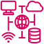 Red icon showing a cloud, server racks, and network connection lines representing IT infrastructure.