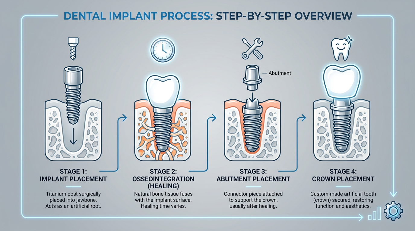 An infographic-style image illustrating the dental implant process: from a diagram of a titanium post being placed into bone, followed by stages of healing, abutment placement, and finally a crown being placed on top.