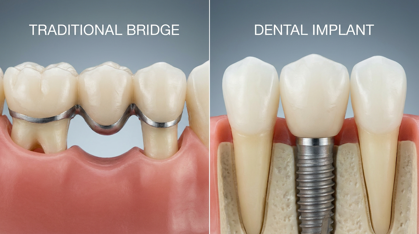 A split image comparing a traditional bridge on one side (showing two healthy teeth altered to support it) and a single dental implant with a crown on the other side, highlighting the preservation of adjacent teeth with implants.