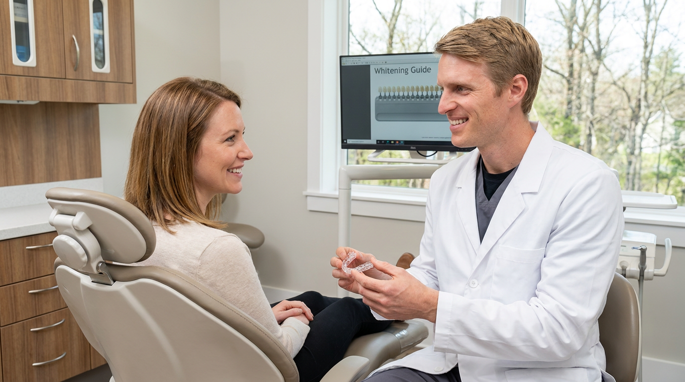 Photorealistic of Dr. Andrew Gasior, warmly explaining the take-home teeth whitening process to Ashley, using a model of custom trays in a modern dental office.