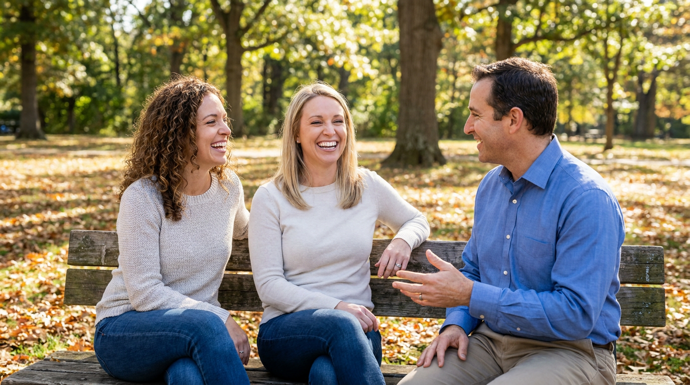 Photorealistic of Ashley, smiling brightly with Brittany, at a park bench, showing genuine confidence and a radiant smile.