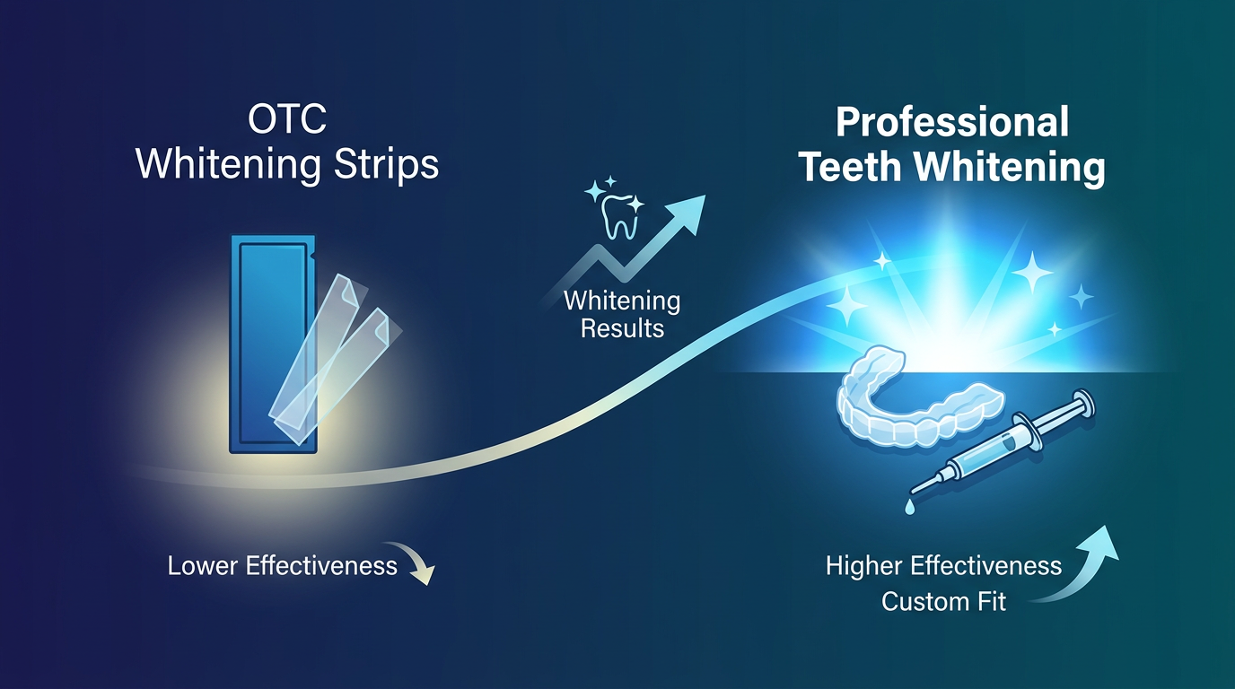 Minimal-text infographic comparing "OTC Whitening Strips" (small, fading glow) versus "Professional Teeth Whitening" (large, bright glow with custom trays icon), demonstrating effectiveness.