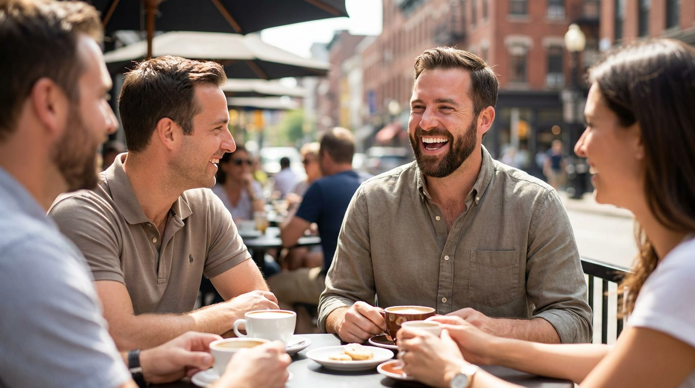 Photorealistic of Christopher, laughing with friends at a cafe, his smile naturally bright, a subtle representation of the impact of Invisalign and tooth-colored fillings.